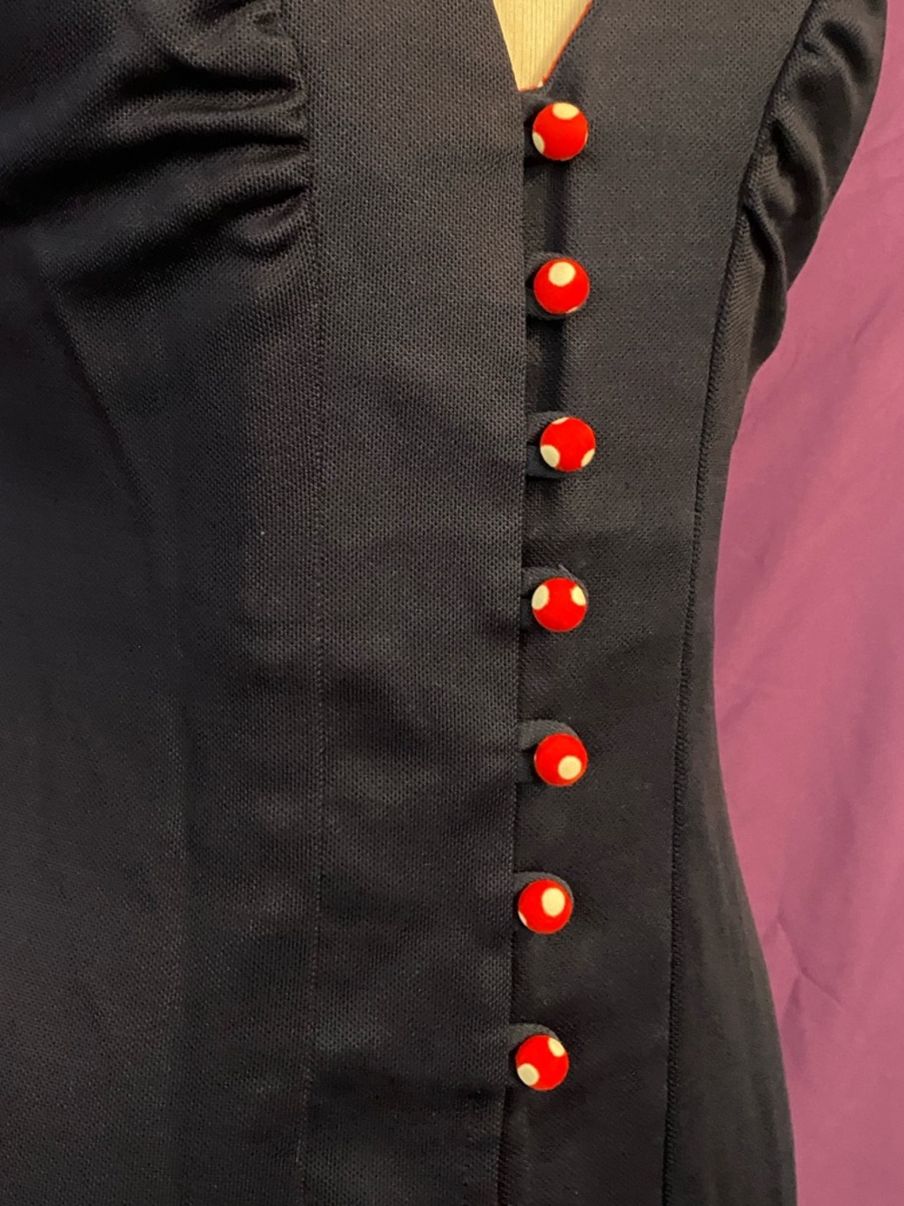 Vintage 70s Young Edwardian Navy Sleeveless Duster with Red Polka Dot Buttons - Picture 6 of 8